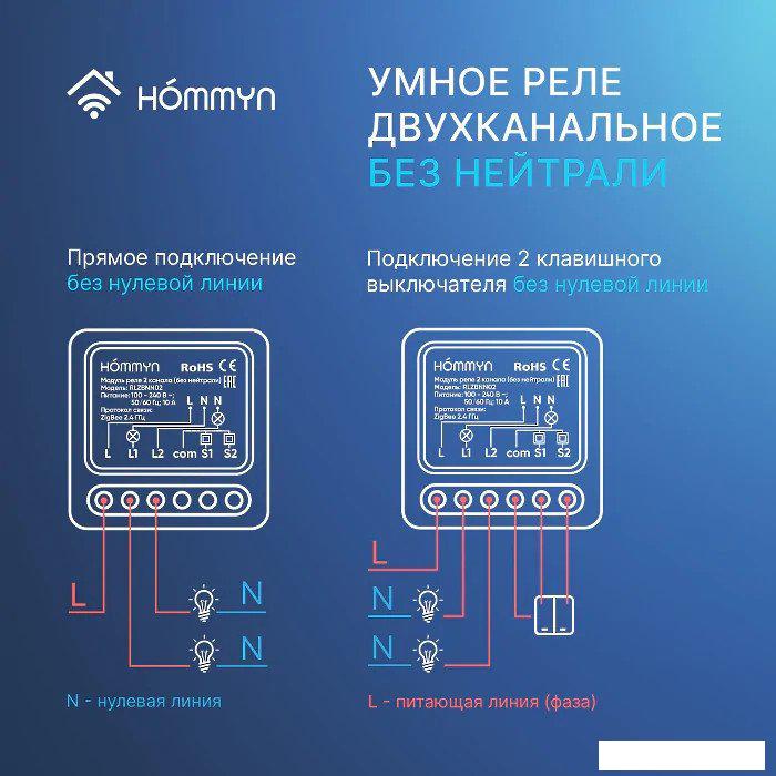 Реле Hommyn zigbee 2 канала RLZBNN02 (без нейтрали)