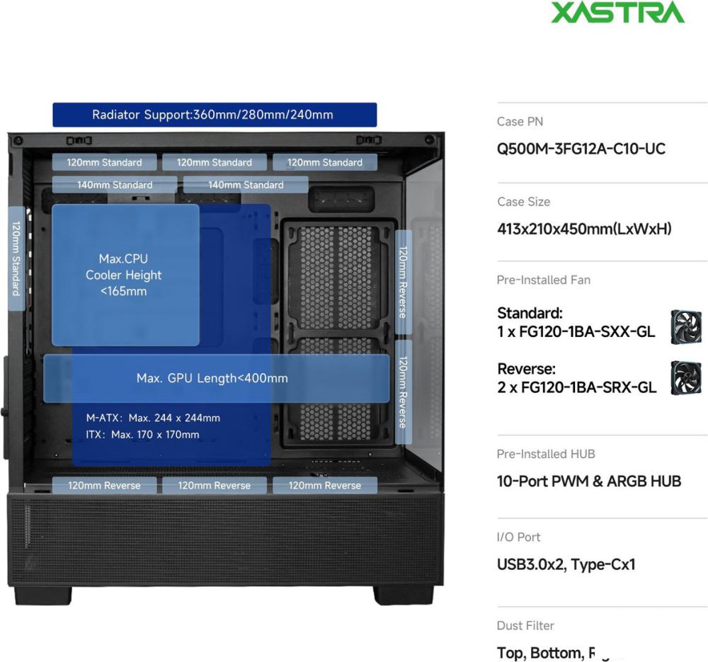 Корпус XASTRA Q500M 3ARGB-FG-C10-UC (черный)