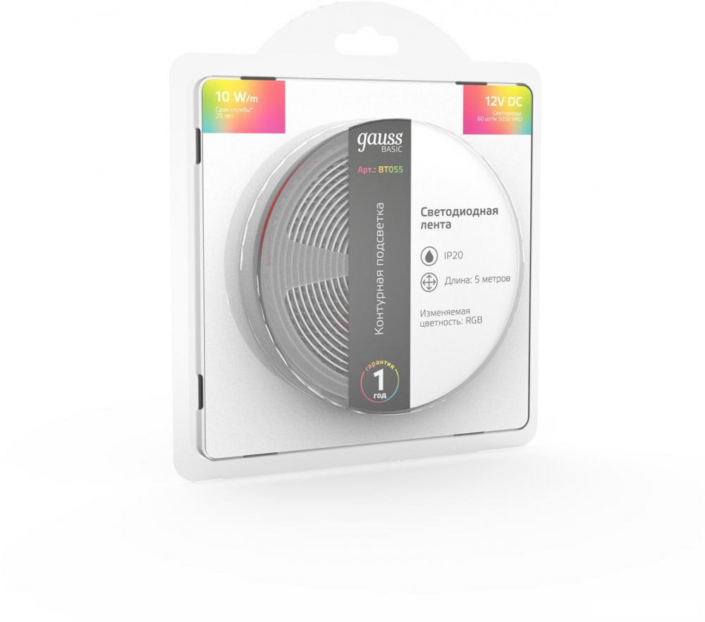Светодиодная лента Gauss Basic LED 5050/60 12V 10W/m 700lm/m RGB 10mm IP20 5m 1/100 BT055