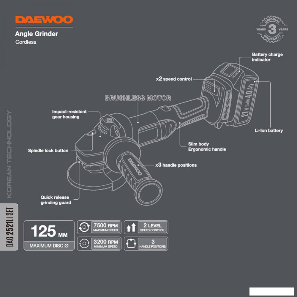 Угловая шлифмашина Daewoo Power DAG 2521Li Set (с 1-им АКБ)
