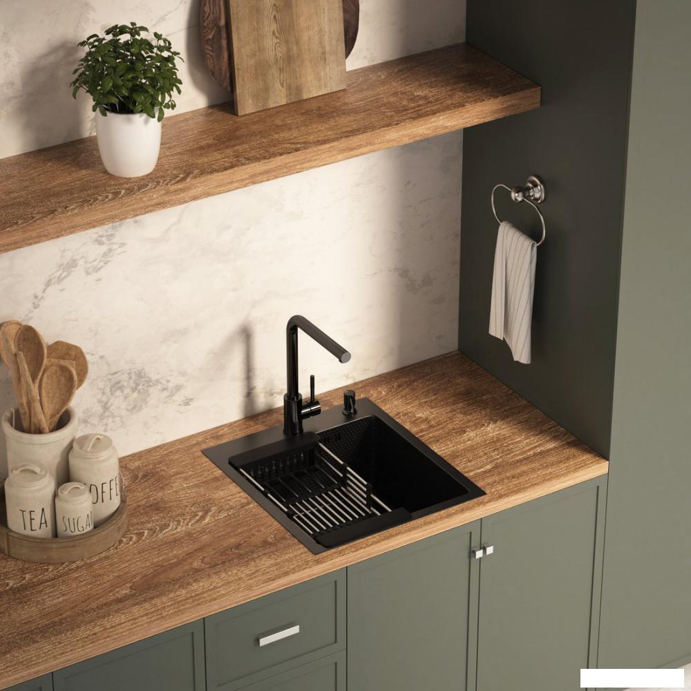 Кухонная мойка Basic CL DS Decor 45x50 (черный, коландер, дозатор)