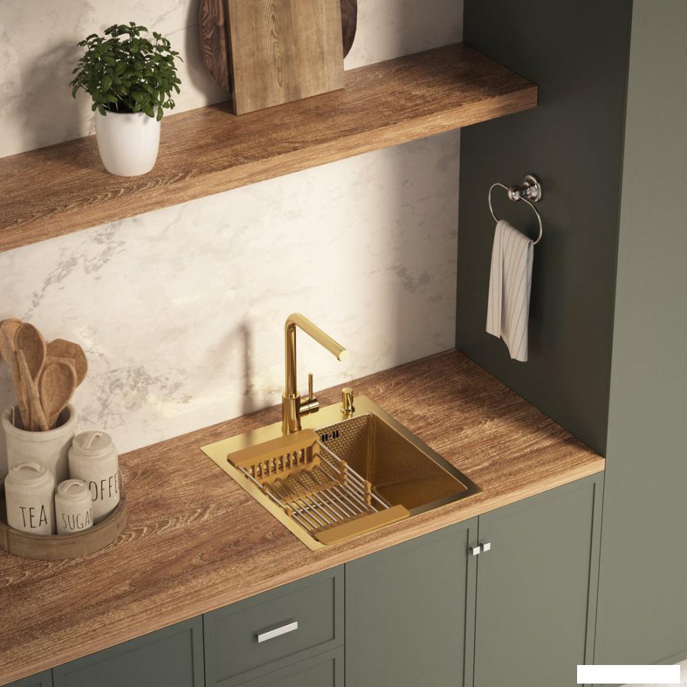 Кухонная мойка Basic CL DS Decor 45x50 (золото, коландер, дозатор)