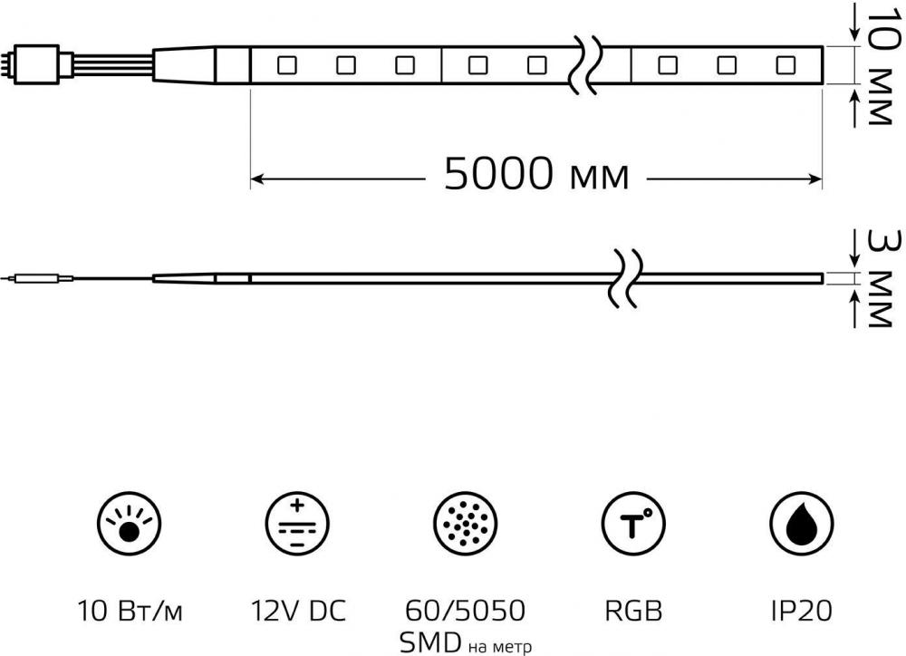 Светодиодная лента Gauss Basic LED 5050/60 12V 10W/m 700lm/m RGB 10mm IP20 5m 1/100 BT055