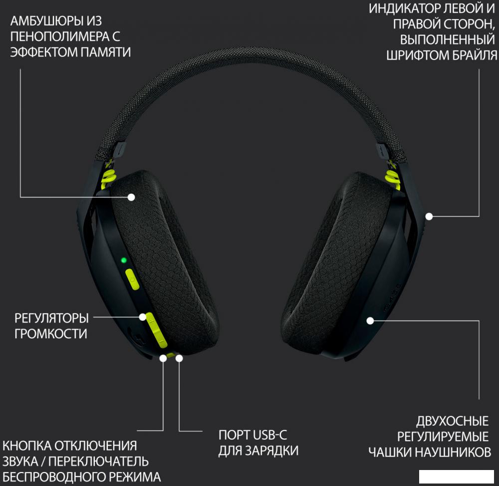 Наушники Logitech G435 Lightspeed (черный/неоновый желтый)
