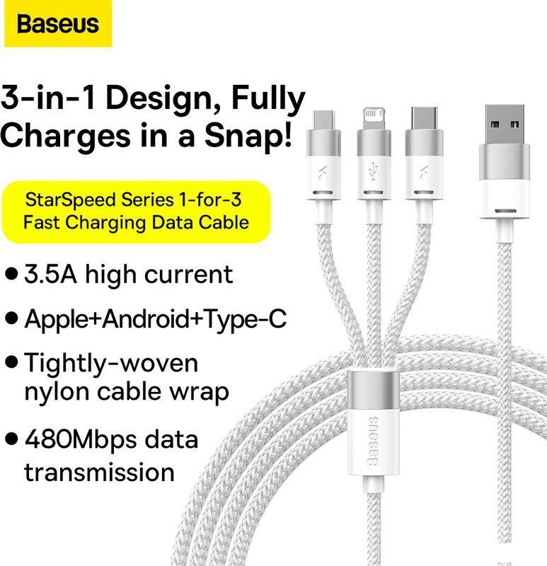 Кабель Baseus One-For-Three Fast Charging Data Cable 3.5A USB Type-A - USB Type-C/microUSB/Lightning (1.2 м, белый)