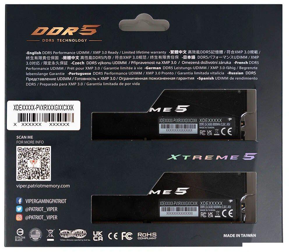 Оперативная память Patriot Viper Xtreme 5 RGB 2x24ГБ DDR5 8000МГц PVXR548G80C38K