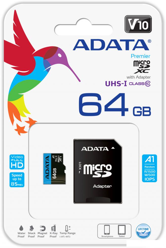 Карта памяти ADATA Premier AUSDX64GUICL10A1-RA1 microSDXC 64GB (с адаптером)