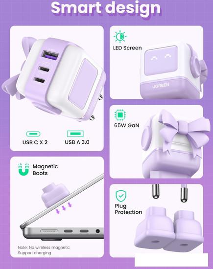 Сетевое зарядное Ugreen Nexode RG 65W CD361 (белый/сиреневый)