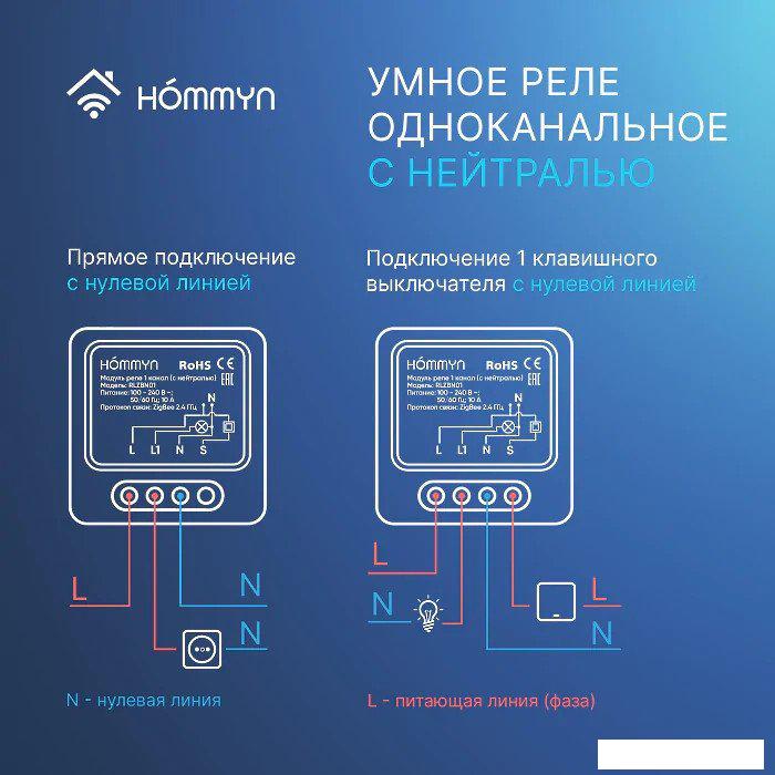 Реле Hommyn zigbee 1 канал RLZBN01 (с нейтралью)